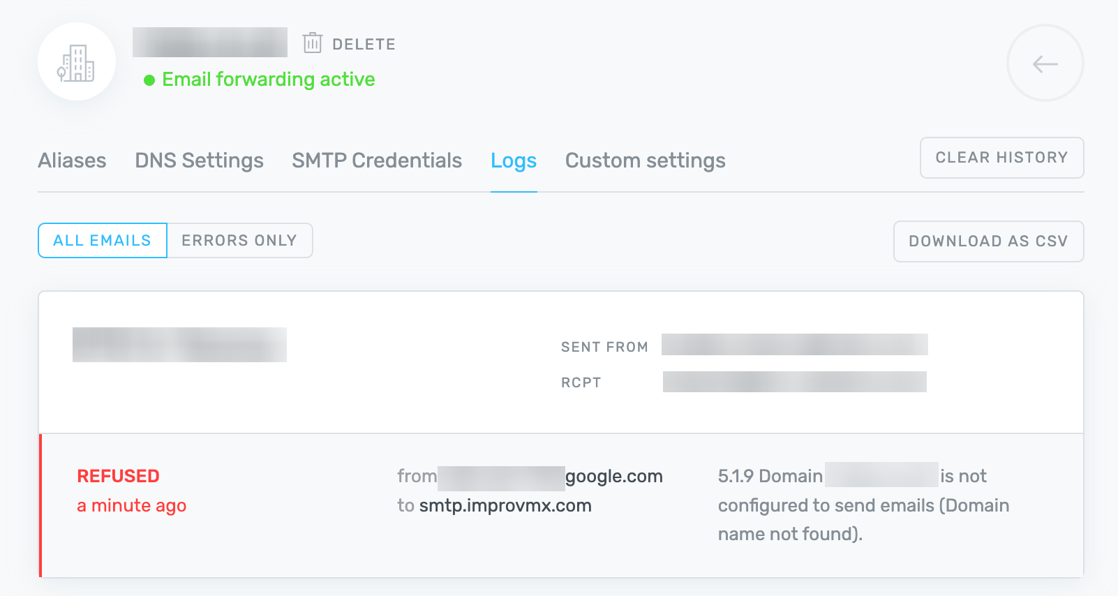 ImprovMX dashboard showing the 5.1.9 domain not configured error in logs