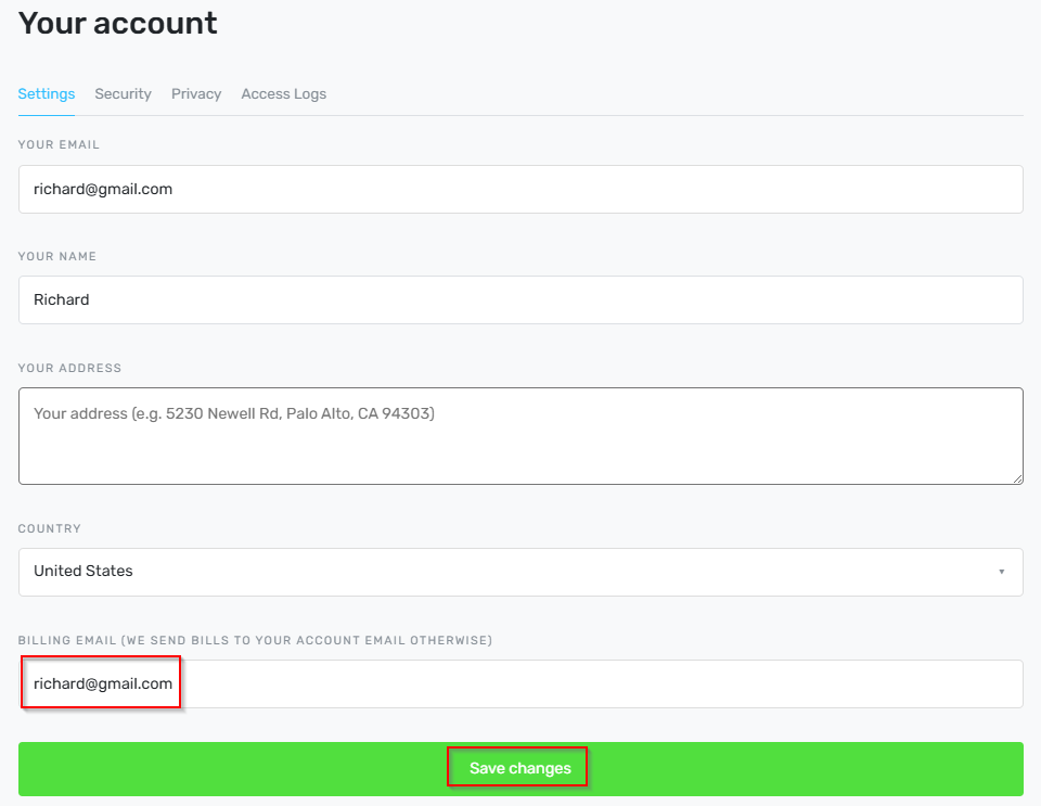 Billing Email section form