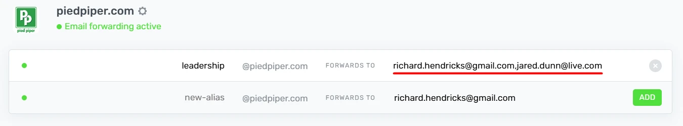 Multiple email recipients configuration interface